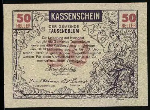 Notgeld Tausendblum 1920, 50 Heller, Allegorie mit Frau und Pflügenden Bauer, Arbeit lohnt Medaillon