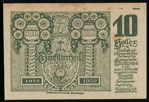 Notgeld Taufkirchen 1920, 10 Heller, Wappen und kunstvolle Säulen mit Ornamenten