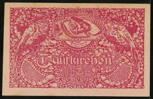 Notgeld Taufkirchen 1920, 20 Heller, dekorative Architektur und Wappen, stilisierte Vögel und Landschaft