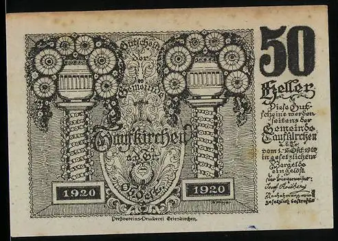 Notgeld Taufkirchen 1920, 50 Heller, Verzierungen mit Säulen und Papageien, Abbildung eines Gebäudes