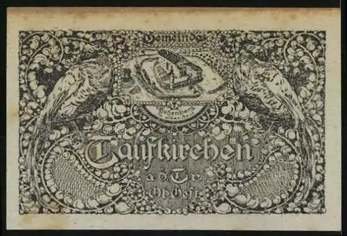 Notgeld Taufkirchen 1920, 50 Heller, Verzierungen mit Säulen und Papageien, Abbildung eines Gebäudes