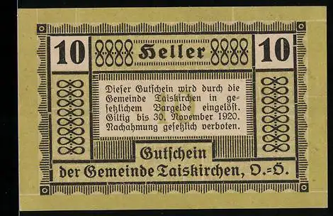 Notgeld Taiskirchen 1920, 10 Heller, Gutschein mit Inschrift, Namen der Gemeindemitglieder