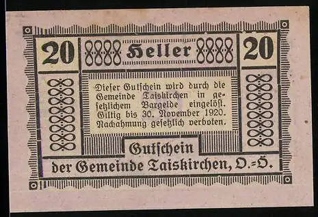 Notgeld Taiskirchen 1920, 20 Heller, Gutschein der Gemeinde, Spruch Bayrische Herkunft