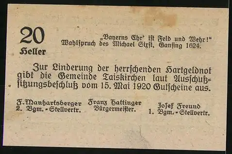 Notgeld Taiskirchen 1920, 20 Heller, Gutschein der Gemeinde, Spruch Bayrische Herkunft