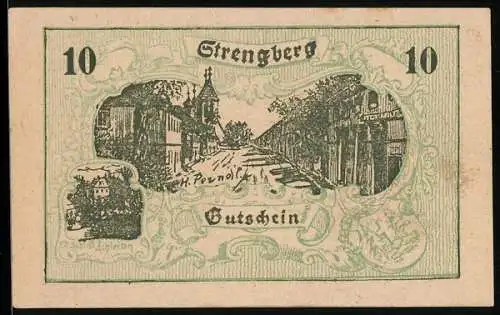 Notgeld Strengberg 1920, 10 Heller, Strassenszene und Ortsansicht mit Kirche, Wappen