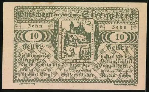 Notgeld Strengberg 1920, 10 Heller, Strassenszene und Ortsansicht mit Kirche, Wappen