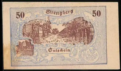 Notgeld Strengberg 1920, 50 Heller, Stadtansicht und Schloss Leitheim