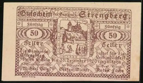 Notgeld Strengberg 1920, 50 Heller, Stadtansicht und Schloss Leitheim