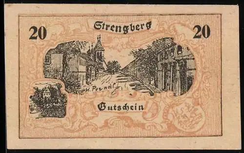 Notgeld Strengberg 1920, 20 Heller, Stadtansicht und historische Gebäude