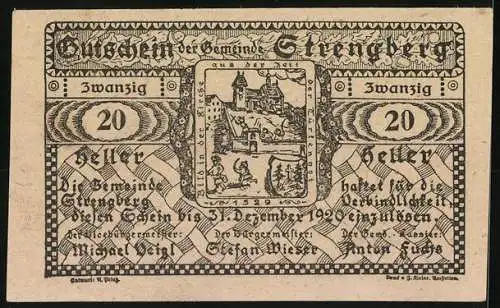 Notgeld Strengberg 1920, 20 Heller, Stadtansicht und historische Gebäude