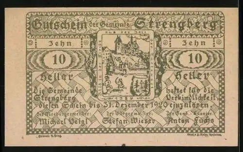 Notgeld Strengberg 1920, 10 Heller, Stadtansicht und Burgruine