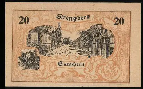 Notgeld Strengberg 1920, 20 Heller, Stadtansicht und historisches Motiv von 1529