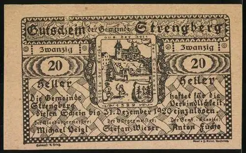 Notgeld Strengberg 1920, 20 Heller, Stadtansicht und historisches Motiv von 1529