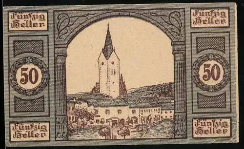 Notgeld Aigen 1920, 50 Heller, Kirche und Wappen mit Schlägel und Bäumen