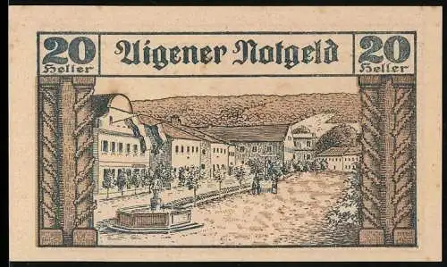 Notgeld Aigen 1920, 20 Heller, Marktplatz und Wappen mit Bäumen und Werkzeugen