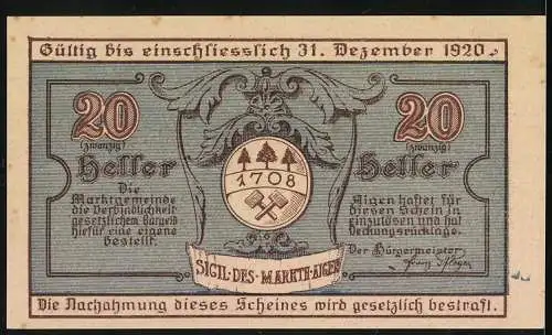 Notgeld Aigen 1920, 20 Heller, Marktplatz und Wappen mit Bäumen und Werkzeugen