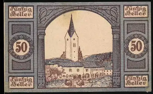 Notgeld Aigen 1920, 50 Heller, Kirche und Wappen mit Fichten und Bergbauwerkzeugen