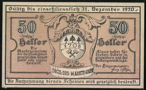 Notgeld Aigen 1920, 50 Heller, Kirche und Wappen mit Fichten und Bergbauwerkzeugen