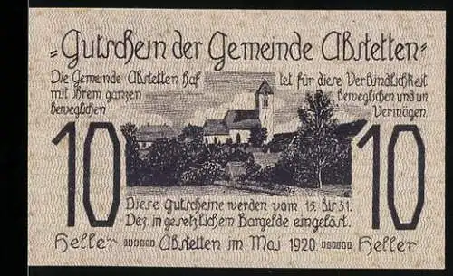 Notgeld Abstetten 1920, 10 Heller, Dorflandschaft mit Kirche, Seriennummer und Gemeinde-Gutscheintext