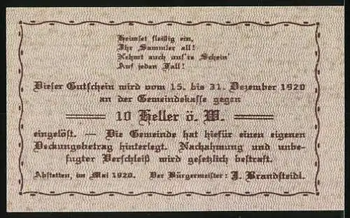 Notgeld Abstetten 1920, 10 Heller, Dorflandschaft mit Kirche, Seriennummer und Gemeinde-Gutscheintext