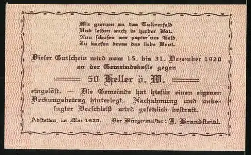 Notgeld Abstetten 1920, 50 Heller, Altes Schloss, Eingang