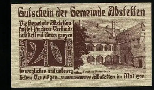 Notgeld Abstetten 1920, 20 Heller, Gebäudeansicht mit Arkaden und Ziegeln