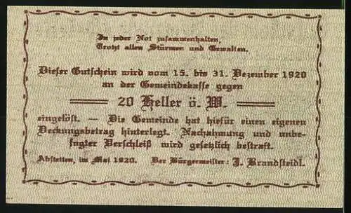 Notgeld Abstetten 1920, 20 Heller, Gebäudeansicht mit Arkaden und Ziegeln