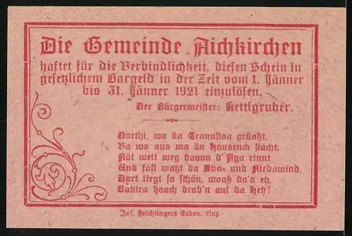 Notgeld Aichkirchen 1921, 10 Heller, florales Motiv und Gedicht, Gemeinde Aichkirchen bei Lambach