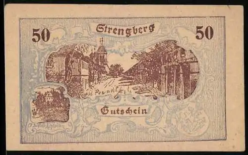 Notgeld Strengberg 1920, 50 Heller, Stadtansicht und Wappen, Gutschein der Gemeinde Strengberg