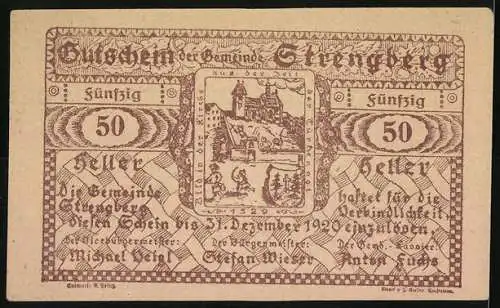 Notgeld Strengberg 1920, 50 Heller, Stadtansicht und Wappen, Gutschein der Gemeinde Strengberg