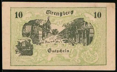 Notgeld Strengberg 1920, 10 Heller, Stadtansicht und Wappen, grüne Verzierung