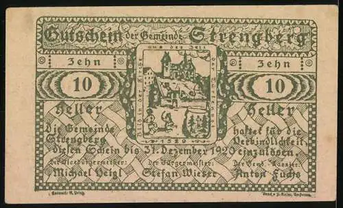 Notgeld Strengberg 1920, 10 Heller, Stadtansicht und Wappen, grüne Verzierung