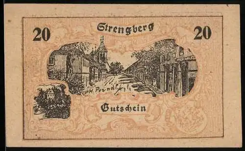 Notgeld Strengberg 1920, 20 Heller, Stadtansicht und Burgillustration