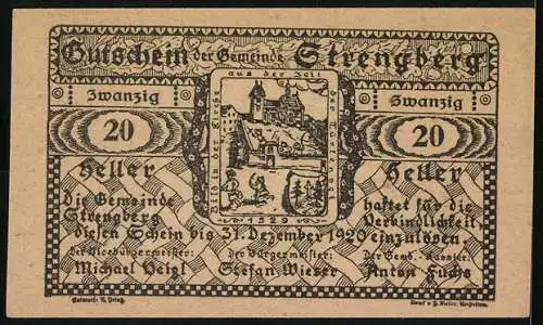 Notgeld Strengberg 1920, 20 Heller, Stadtansicht und Burgillustration