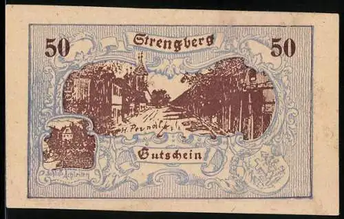 Notgeld Strengberg 1920, 50 Heller, Ortsansicht mit Kirche und historischem Siegel