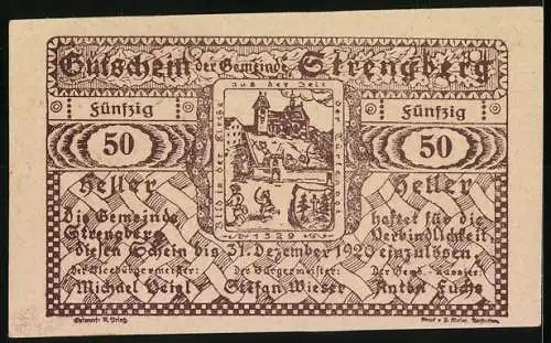 Notgeld Strengberg 1920, 50 Heller, Ortsansicht mit Kirche und historischem Siegel