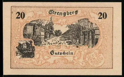 Notgeld Strengberg 1920, 20 Heller, Stadtansicht und historische Burgabbildung