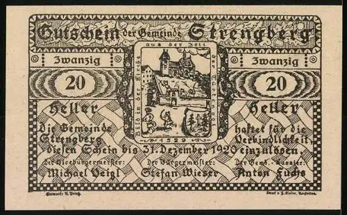 Notgeld Strengberg 1920, 20 Heller, Stadtansicht und historische Burgabbildung