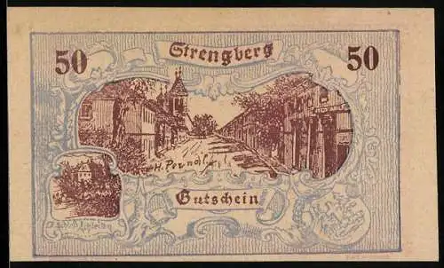 Notgeld Strengberg 1920, 50 Heller, historische Ortsansicht und Schlossabbildung