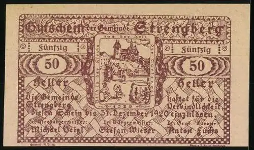 Notgeld Strengberg 1920, 50 Heller, historische Ortsansicht und Schlossabbildung