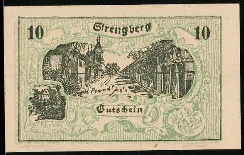 Notgeld Strengberg 1920, 10 Heller, Stadtansichten und Wappen, Burgmotiv und Schriftzug