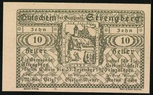 Notgeld Strengberg 1920, 10 Heller, Stadtansichten und Wappen, Burgmotiv und Schriftzug