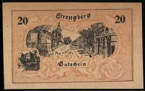 Notgeld Strengberg 1920, 20 Heller, Stadtansicht und Wappen, Gutschein der Gemeinde Strengberg