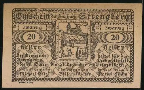 Notgeld Strengberg 1920, 20 Heller, Stadtansicht und Wappen, Gutschein der Gemeinde Strengberg