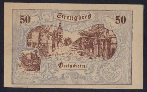 Notgeld Strengberg 1920, 50 Heller, Stadtansicht und Wappen, Gutschein der Gemeinde