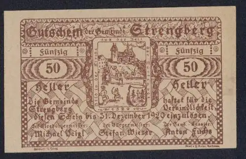 Notgeld Strengberg 1920, 50 Heller, Stadtansicht und Wappen, Gutschein der Gemeinde