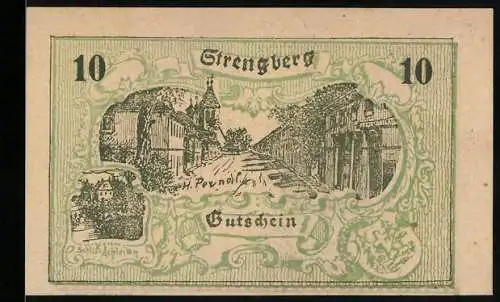 Notgeld Strengberg 1920, 10 Heller, Stadtansicht und historische Szenen, Wappen