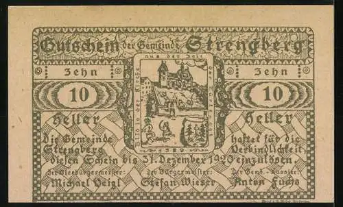 Notgeld Strengberg 1920, 10 Heller, Stadtansicht und historische Szenen, Wappen