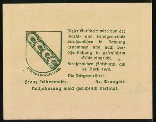 Notgeld Strasswalchen 1920, 10 Heller, Kirche und Denkmal, Wappen und Text auf Rückseite