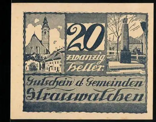 Notgeld Strasswalchen 1920, 20 Heller, Kirche und Denkmal, Wappen, Seriennummer